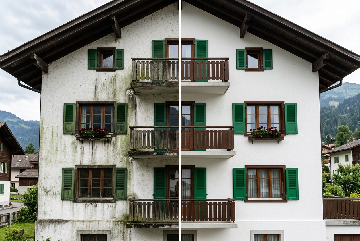 Avant et après nettoyage de façade – traces noires et pollution éliminées