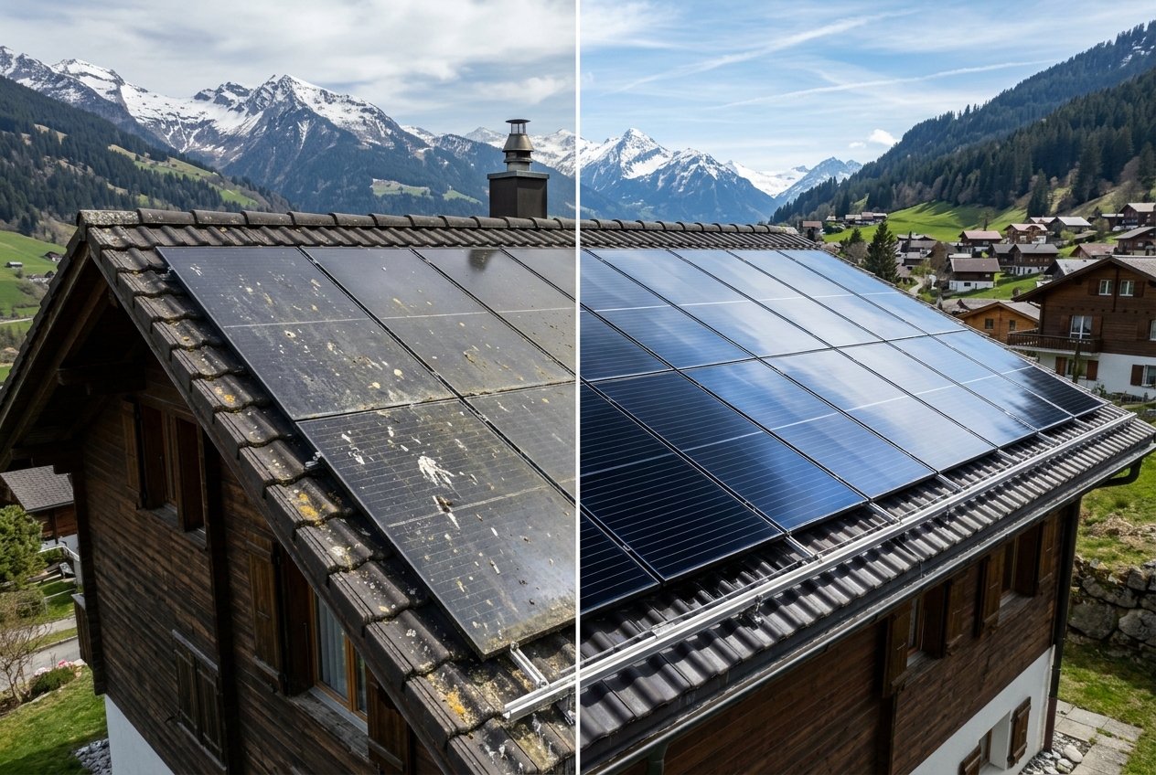 Avant et après nettoyage de panneaux solaires – rendement optimisé