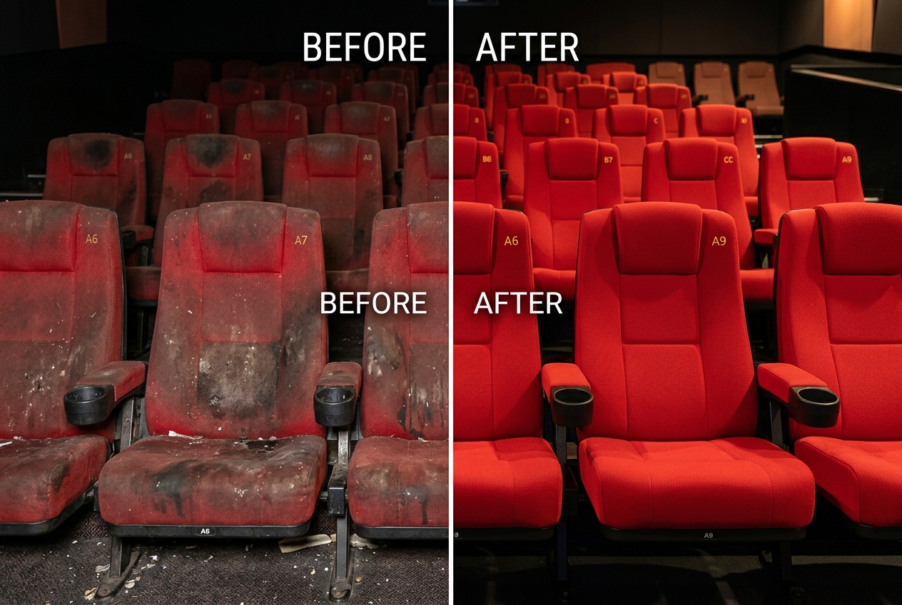 Avant et après nettoyage de sièges de cinéma – taches de boissons et popcorn éliminées
